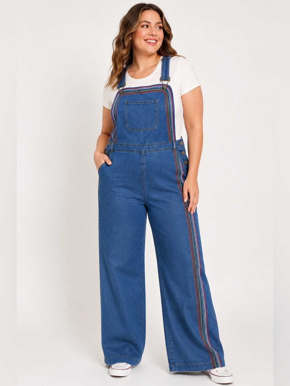 ModCloth Denim Rainbow Stripe Wide Leg Overalls Jumpsuit Size 26W